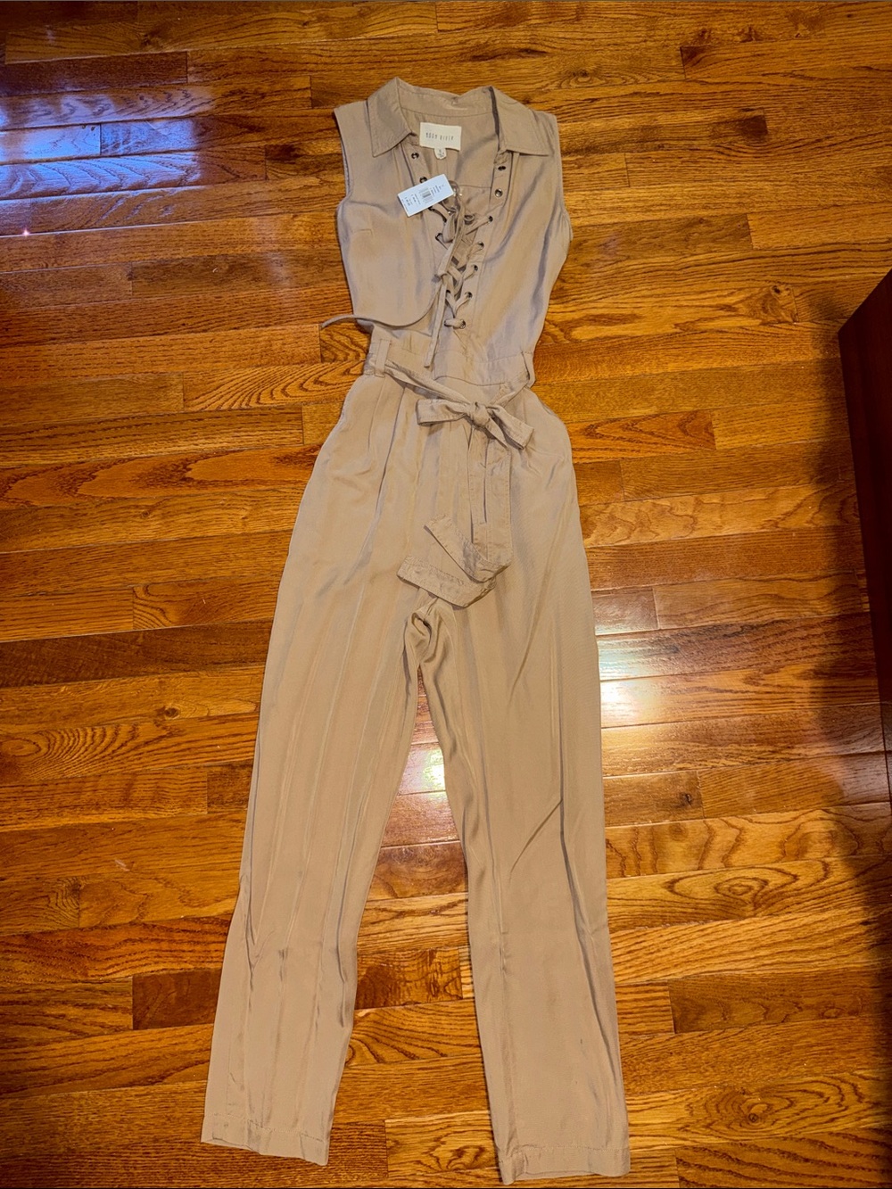 Sleeveless Lace-Up Utility Jumpsuit in Taupe
